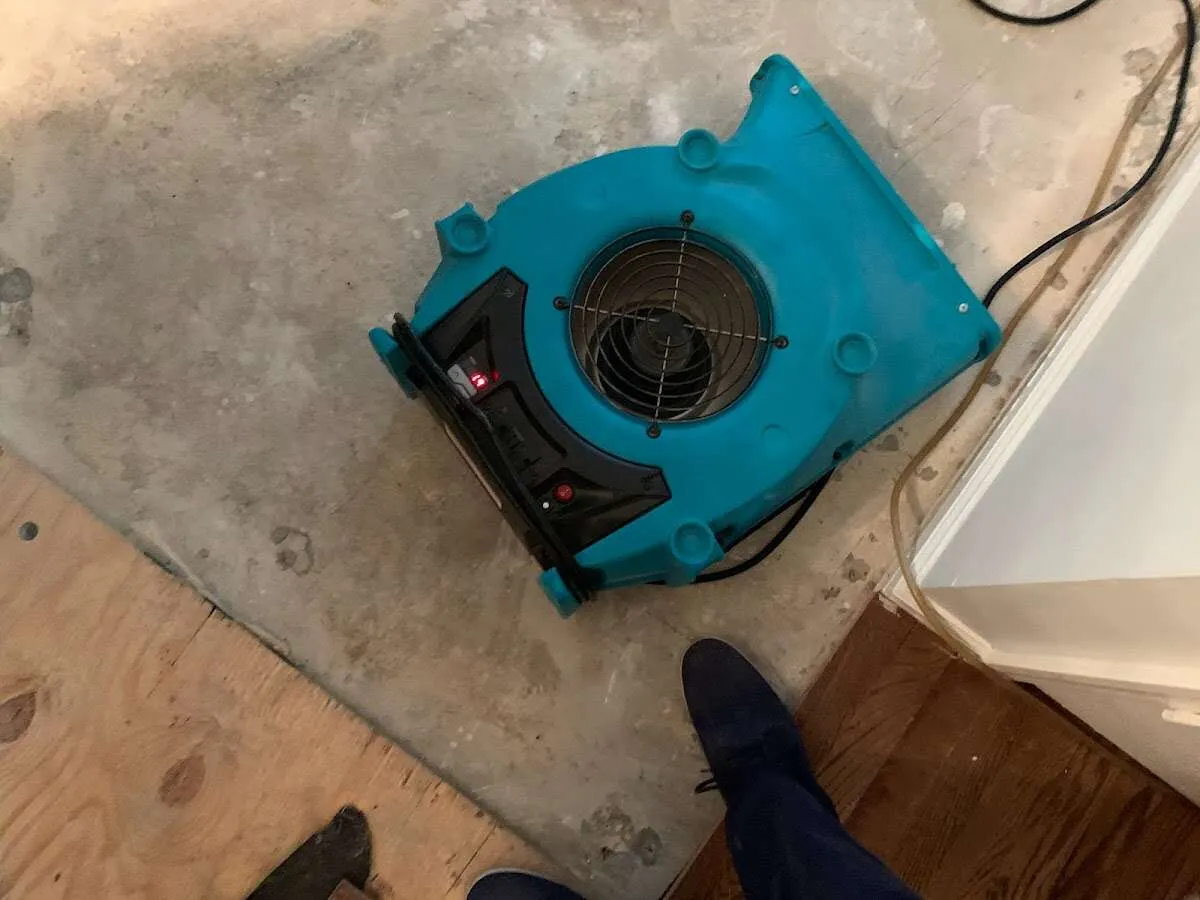 Air mover drying subfloor during Commercial Water Damage Restoration in Marilla